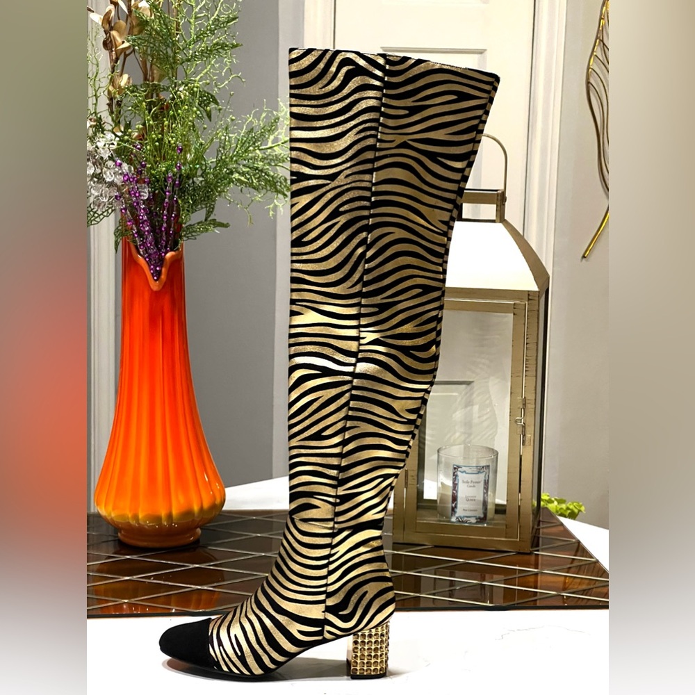 NWT Kurt Geiger Mayfair Over the Knee Metallic Gold Black Zebra Boot 36.5 / 6.5